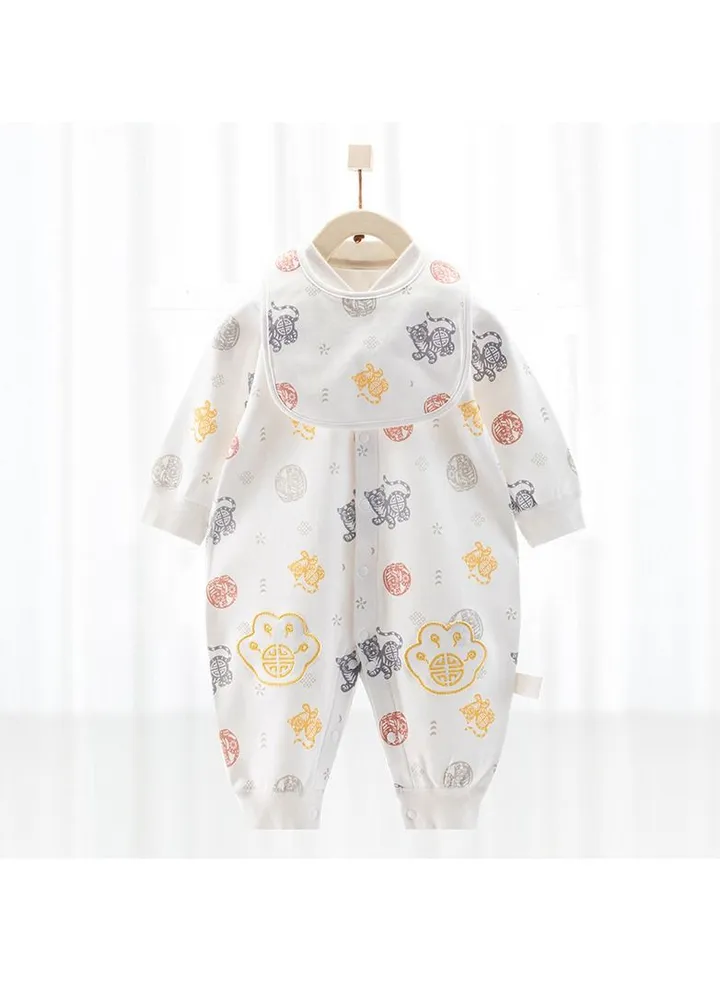 Baby's Cute Long-sleeved Cotton Cartoon One-piece With Bib
