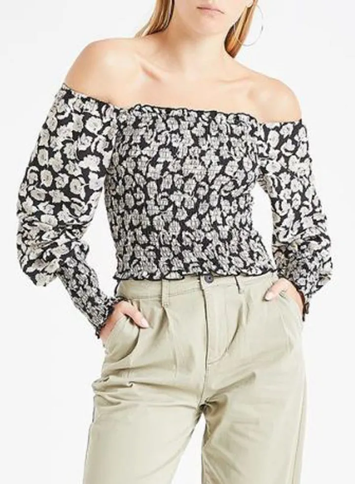 Floral Off Shoulder Smocked Top Black/White
