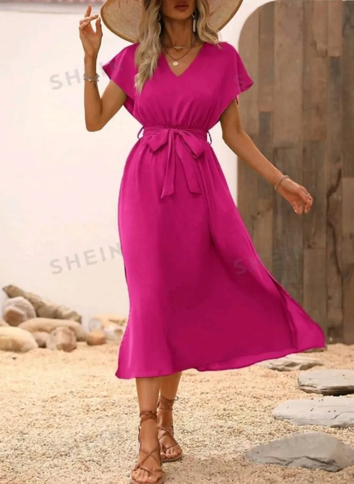 SHEIN Clasi Solid Batwing Sleeve Belted Dress