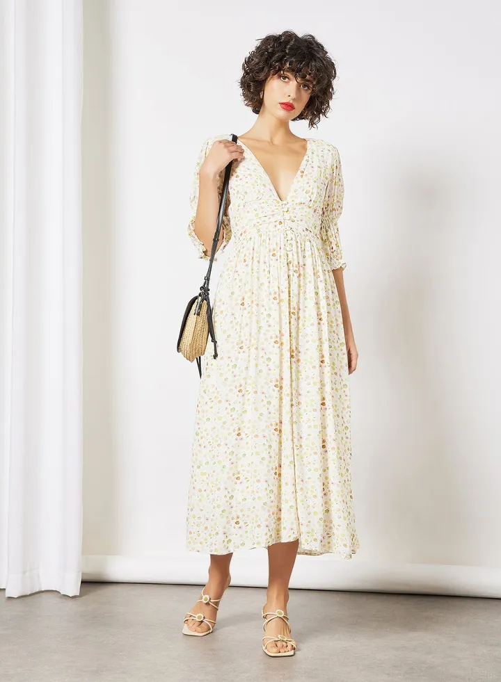 Plunge Neck Midi Dress Yellow
