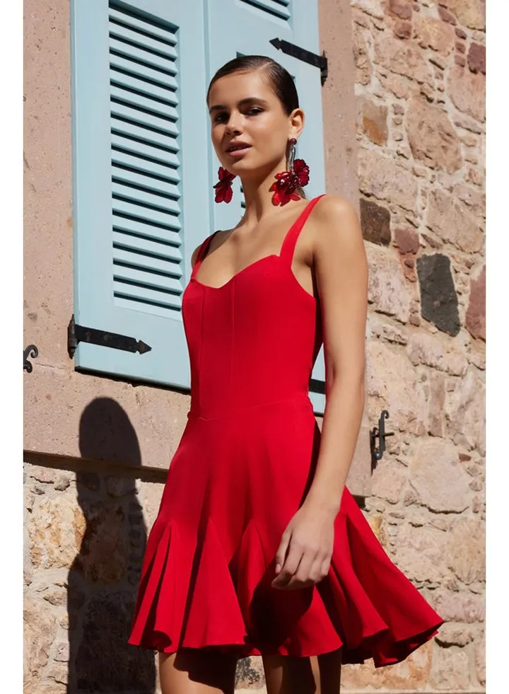 Red Lined Woven Corset Detail Elegant Evening Dress TPRSS23EL00251