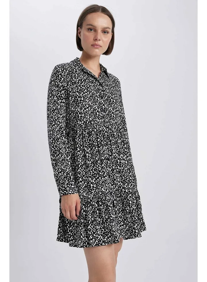 Woman Tiered Shirt Neck Long Sleeve Woven Dress