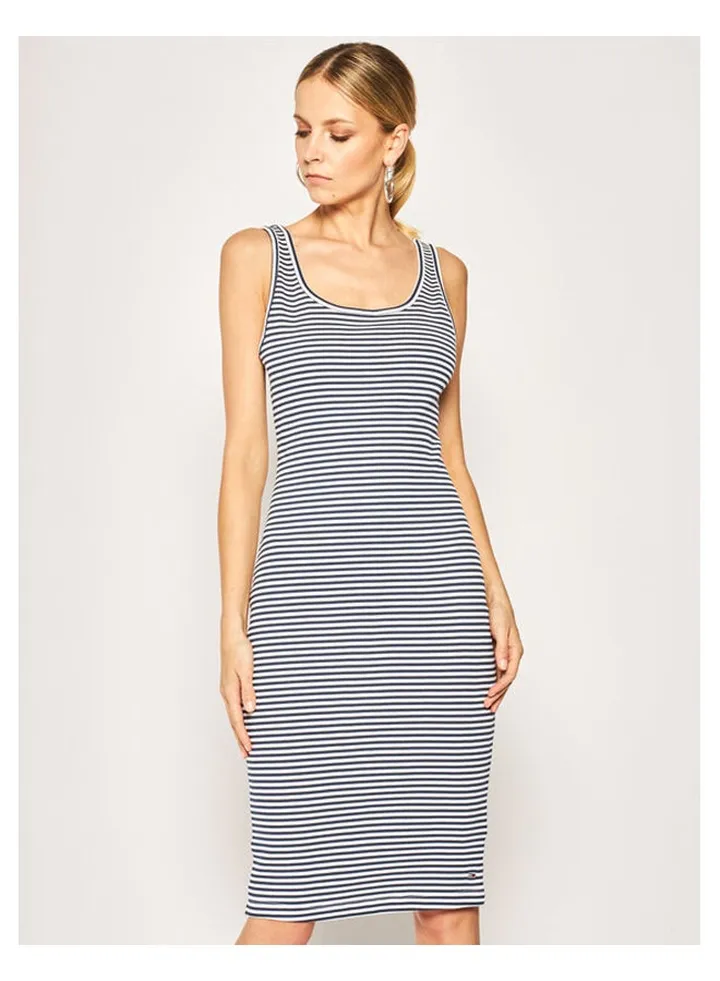 Ribbed Tank Bodycon Dress Blue/White