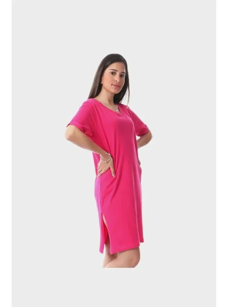 Short Sleeves Solid Home Dress With Slits - Fuchsia