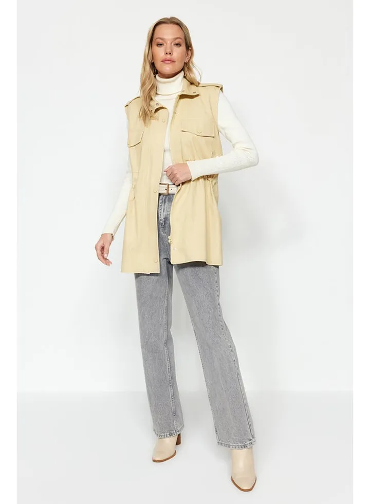Beige Waist Smocking Detail Woven Gabardine Vest TCTSS23YL00001