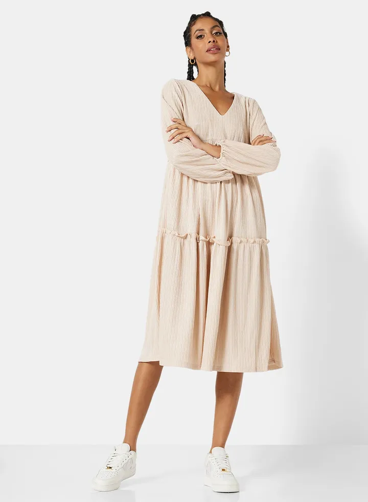 Tiered Pleated Midi Dress Beige