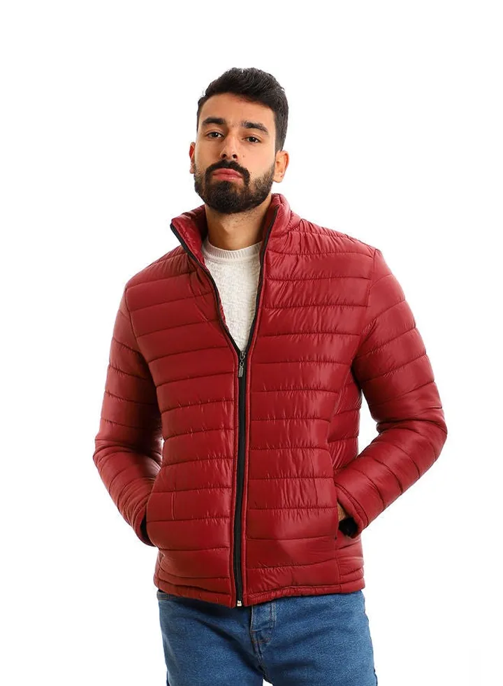 Zipper Full Sleeves Puffer Jacket - Red