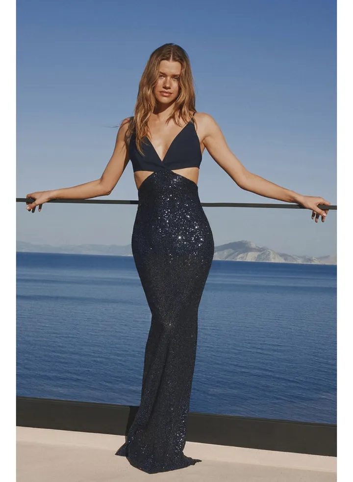Navy Blue Sparkly Sequin Evening Dress TPRSS22AE00052