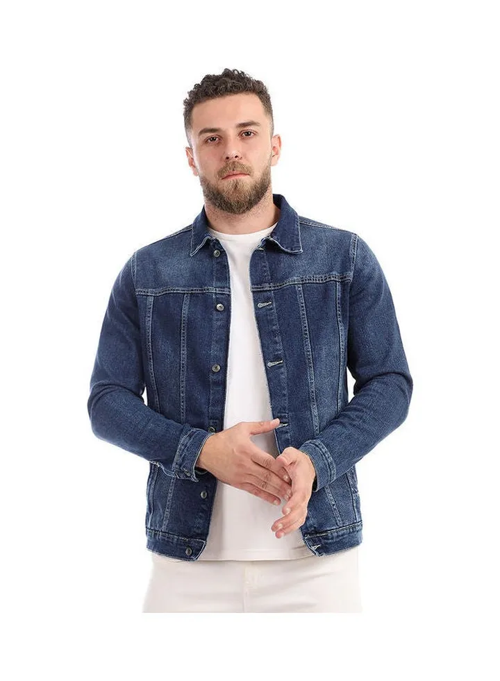 Casual Plain/Basic Collared Neck Long Sleeve Jackets Dark Blue