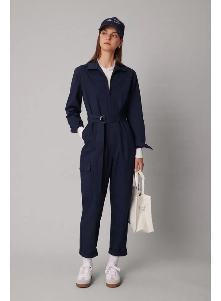 Woman Shirt Neck Long Sleeve Woven Jumpsuit
