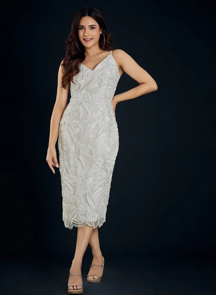 Vneck Bodycon White Midi Dress