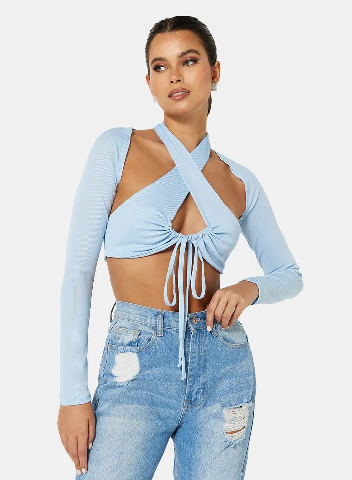 Long Sleeve Cut Out Top Blue