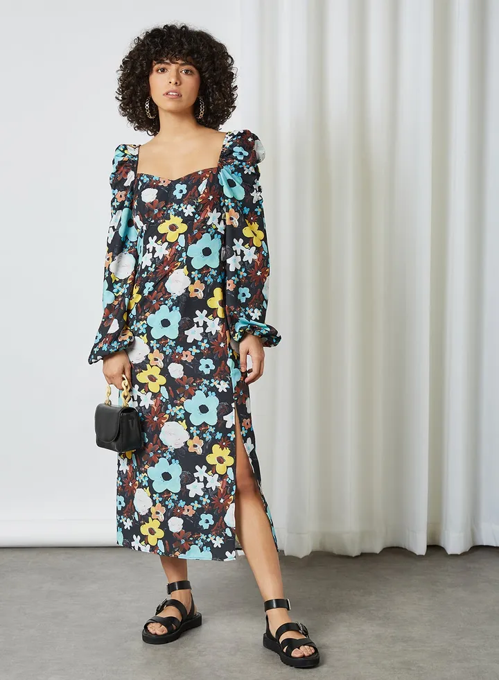 Puff Sleeve Floral Print Dress Black Flower