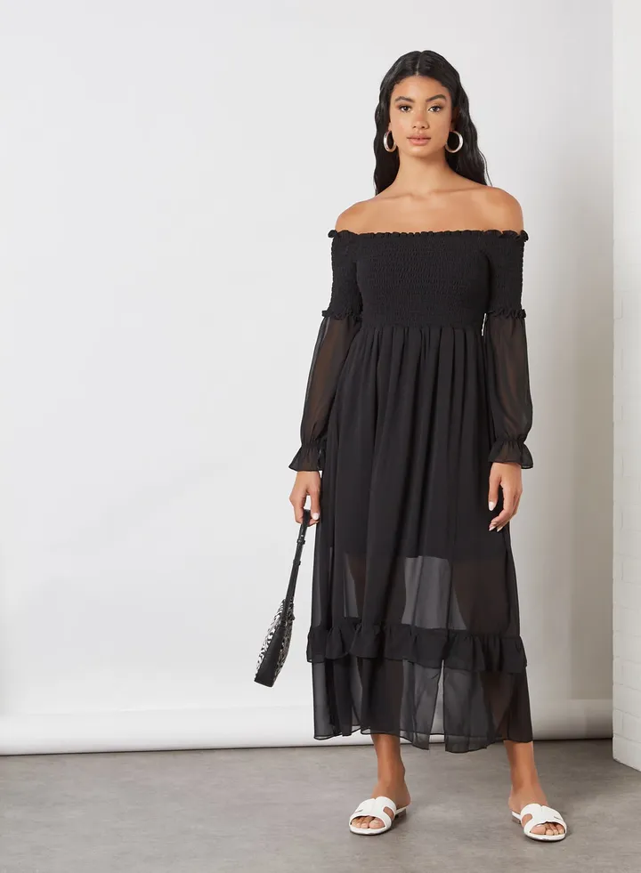 Smocked Bardot Dress Black