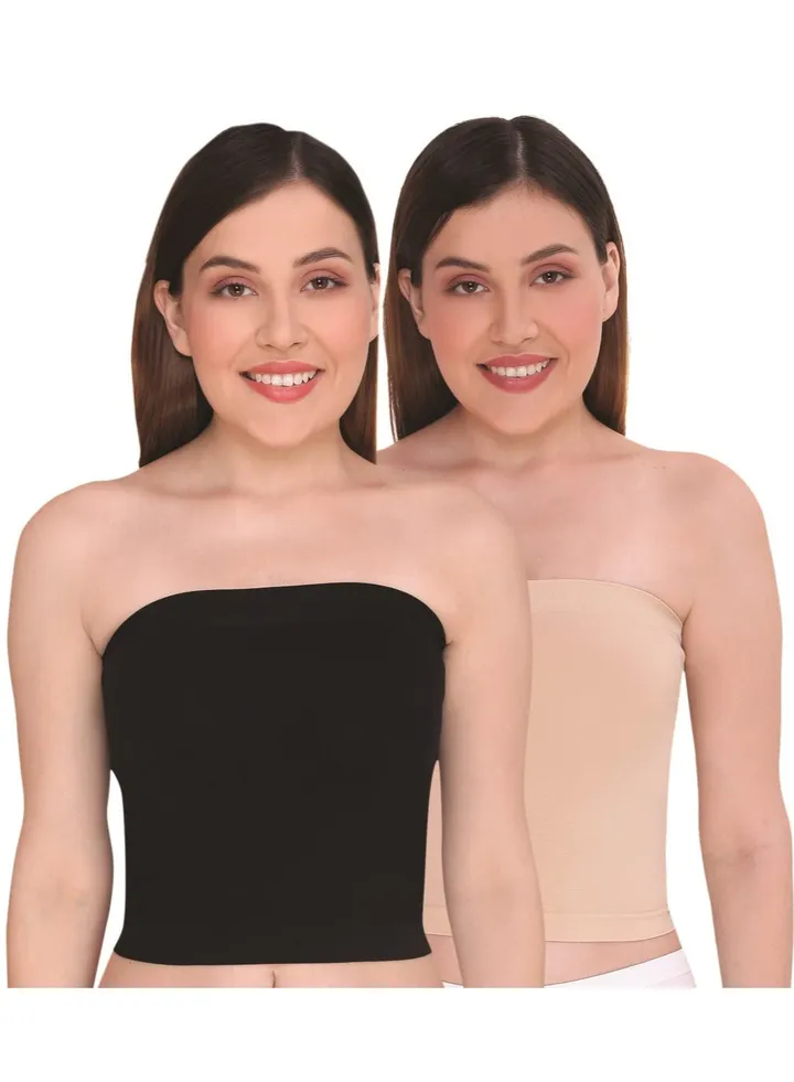 Women's Strapless Crop Top Inner Tube Camisole, (Pack of 2) Black/Beige