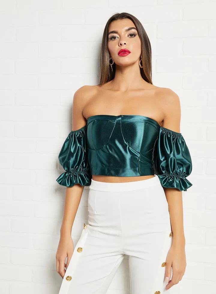 Puff Sleeve Crop Top Green
