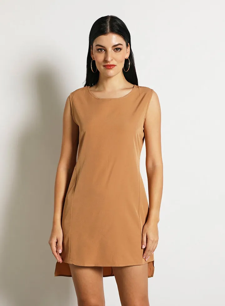Women'S Casual Midi Sleeveless Plain Basic Dress Brown