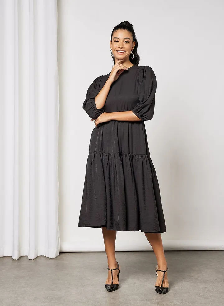 Puff Sleeve Midi Dress Black