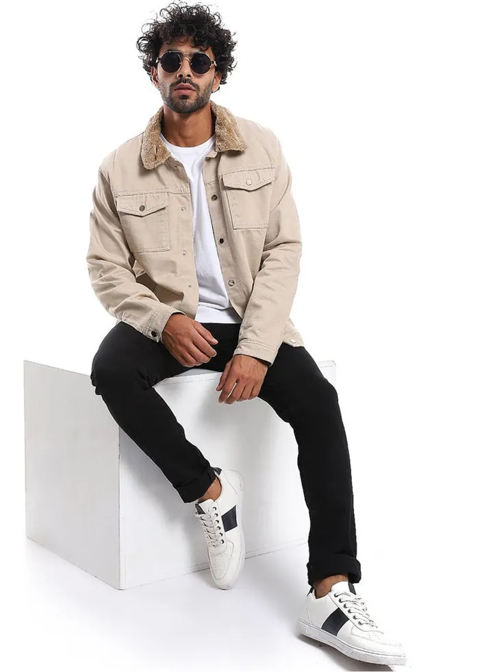 Long Sleeves Multi Pockets Fur Padderd Jacket _ Beige