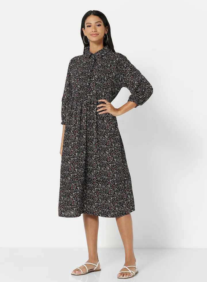 Printed Oversized Shirt Dress Black