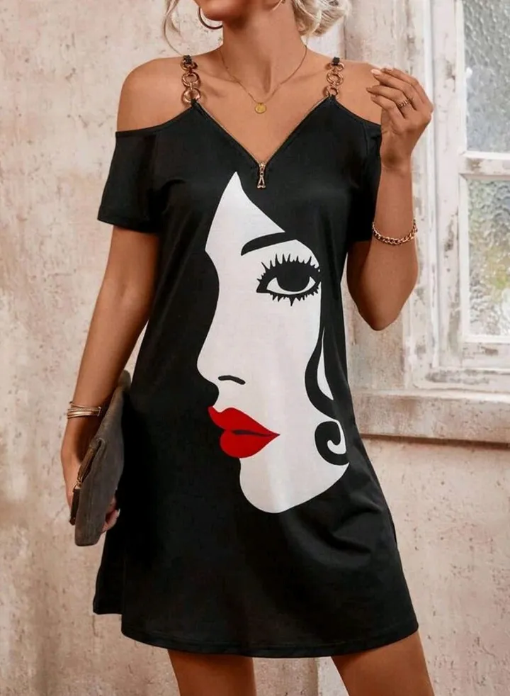 Women's Off-Shoulder Short Sleeve Dress With Face Print
