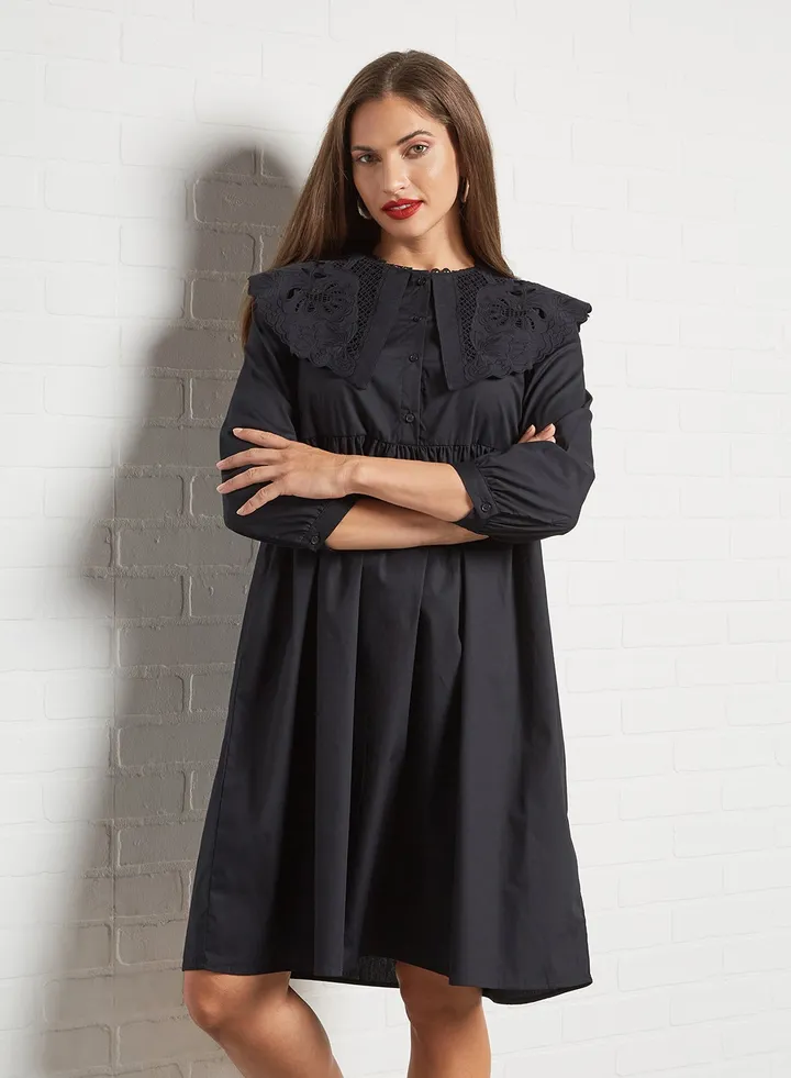 Cape Collar Gathered Dress Black