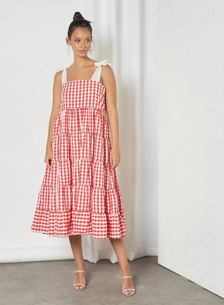 Gingham Midi Dress Red