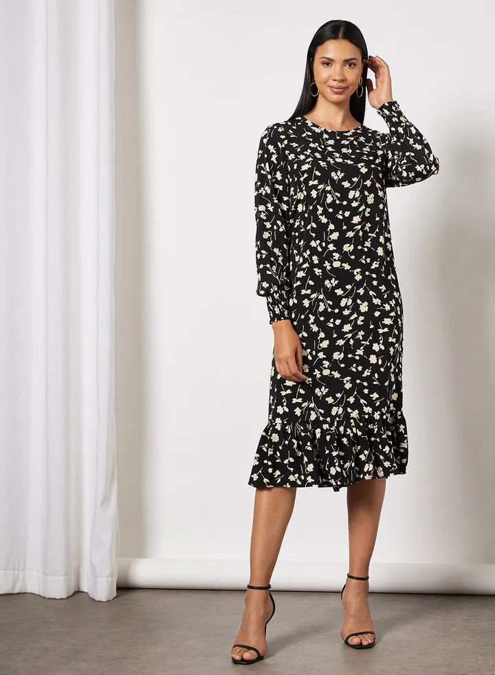Flounce Midi Dress Black/Yellow