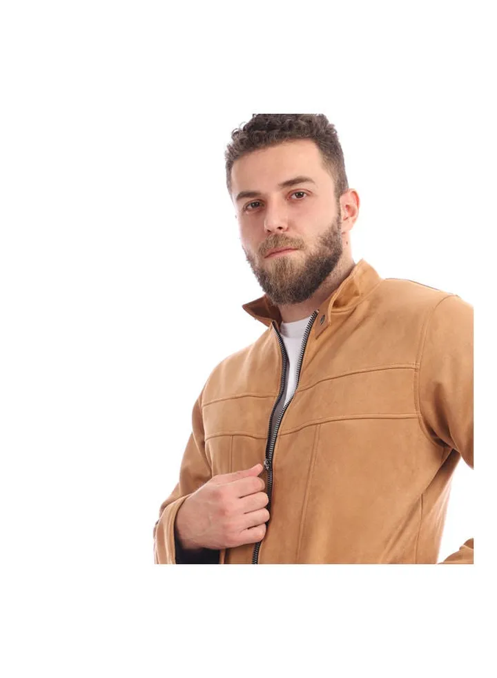 Casual Long Sleeve Chamois Jacket With Zipper Brown