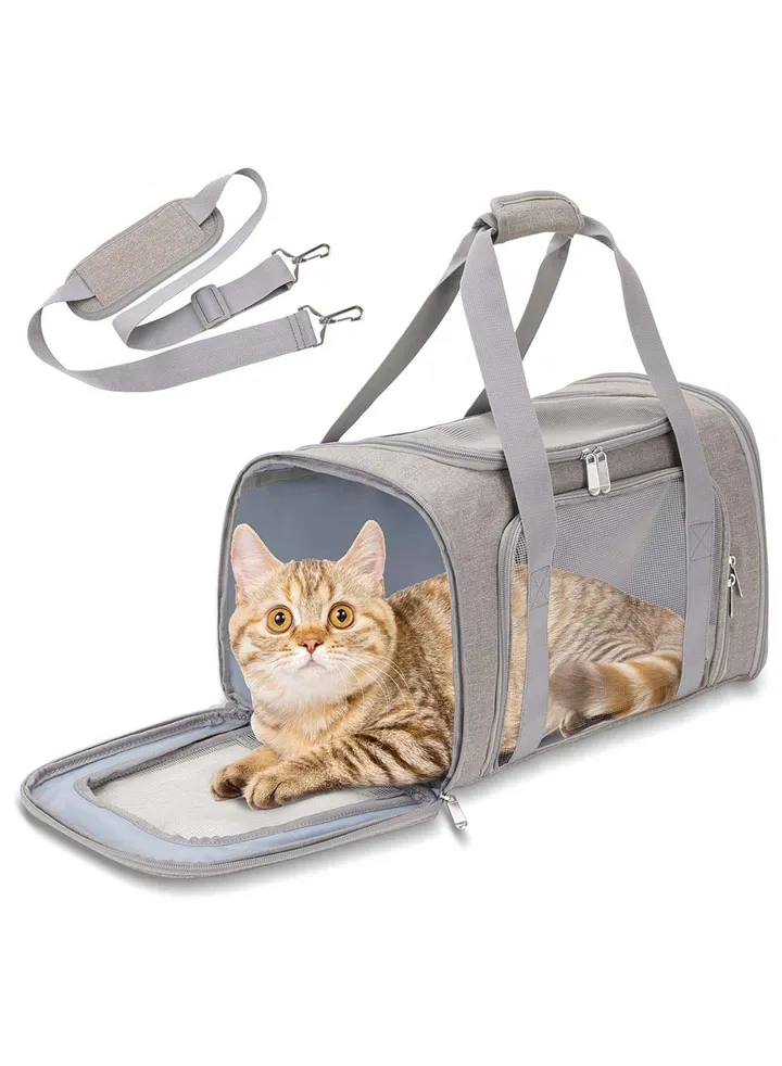Cat Carrier Pet Dog Collapsible Carriers with Removable Fleece Pad Airline Approved for Soft Sided Travel Medium Puppy and Cats up to 15lbs 45*30*30cm