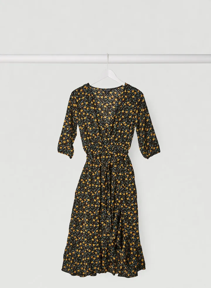 Floral Wrap Dress Black / Yellow