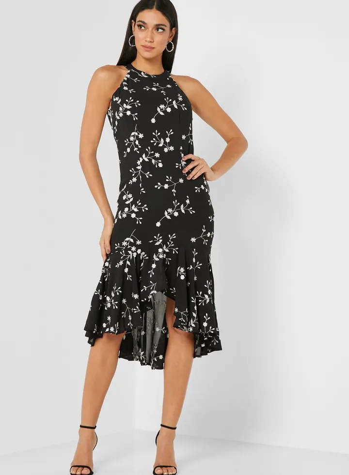 Classic High Low Floral Printed Midi Dress Black/White