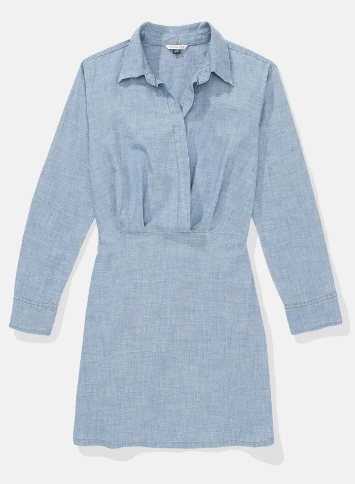 AE Long-Sleeve Faux Wrap Mini Shirt Dress