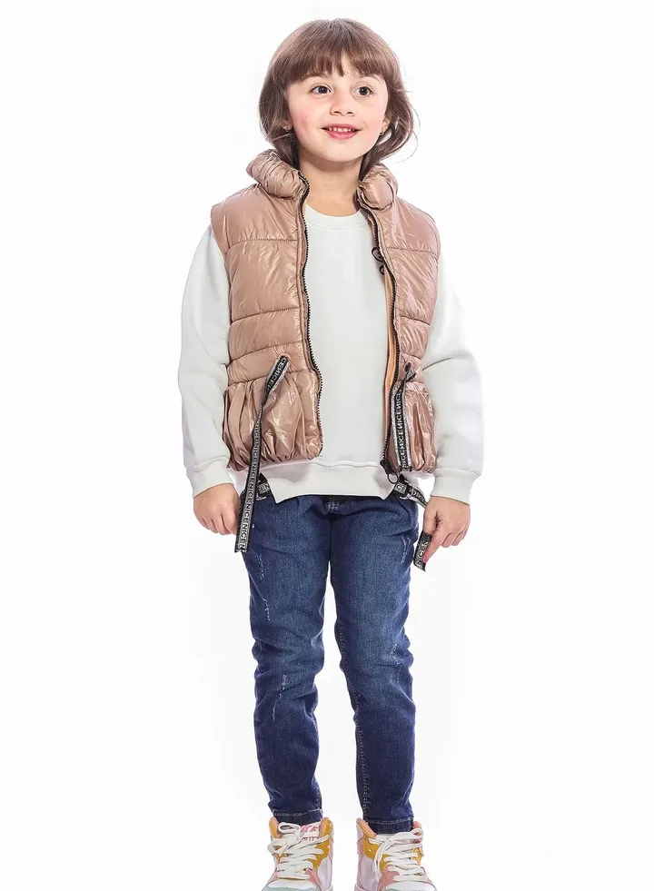 Beige Shiny Puffer Vest For Girls