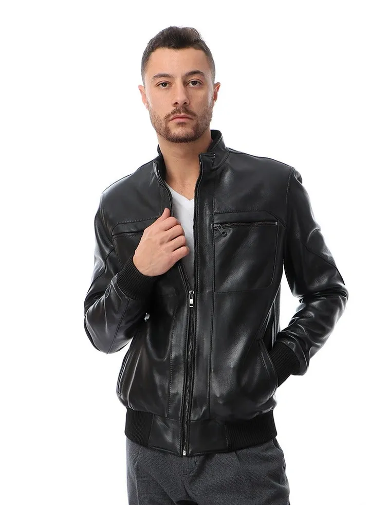 Top leather (T55) Men's Stand Collar
Lined Bomber genuine Leather Jacket