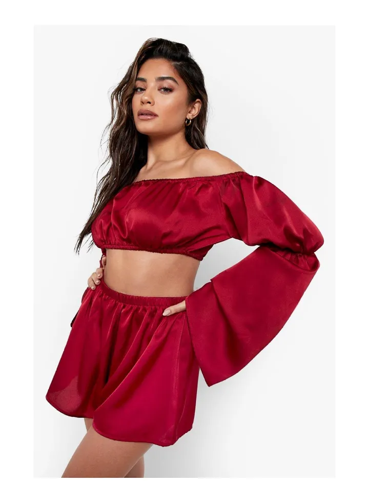 Satin Beach Bardot Ruched Sleeve Crop