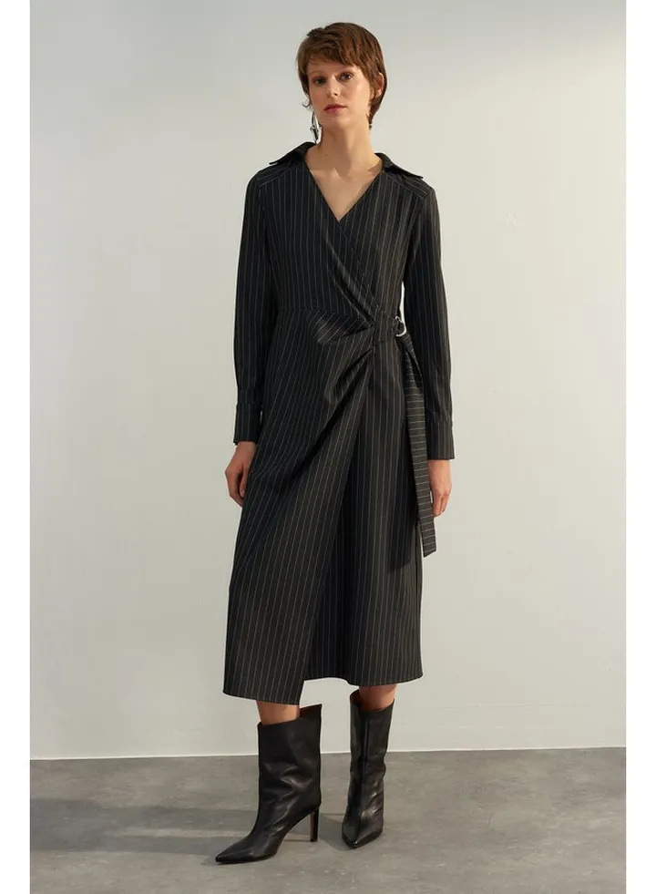 Black Double Breasted Striped Woven Dress TWOAW24EL00239