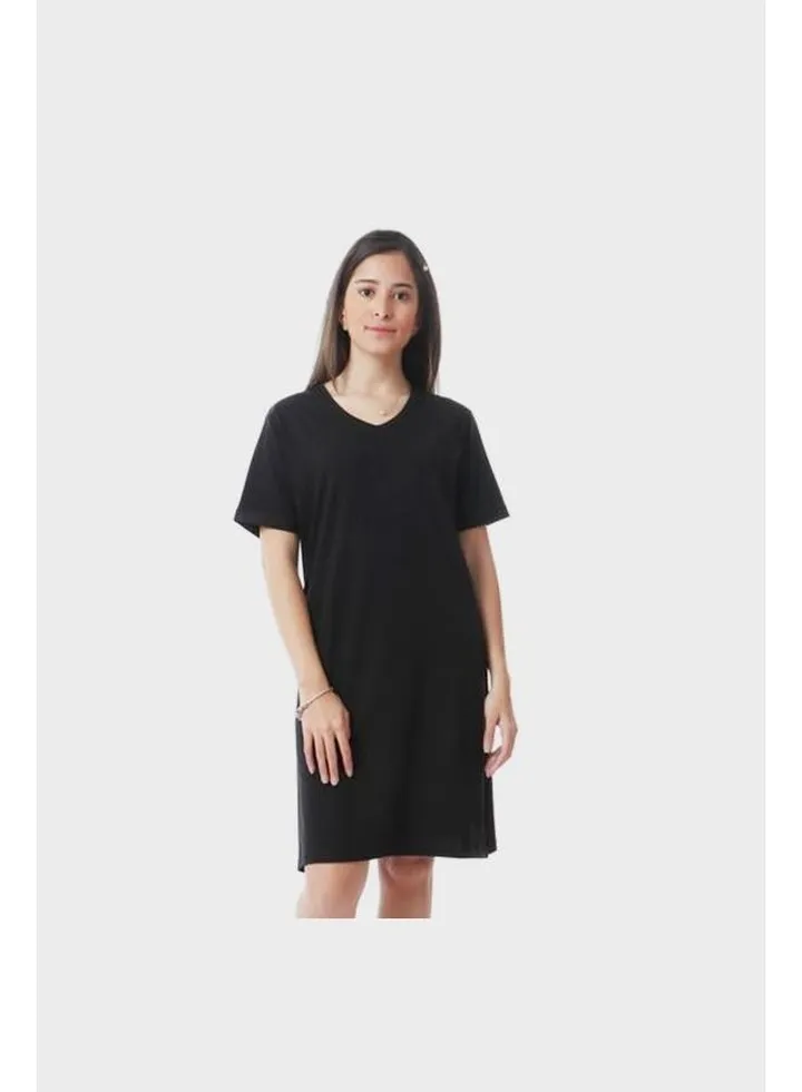 Short Sleeves Solid Home Dress With Slits - Black
