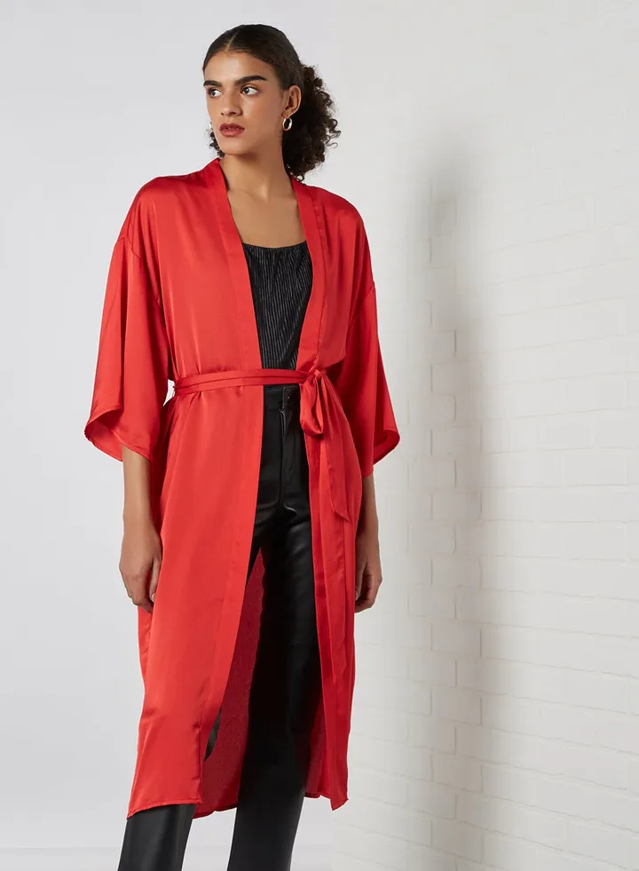 Belted Longline Kimono Red