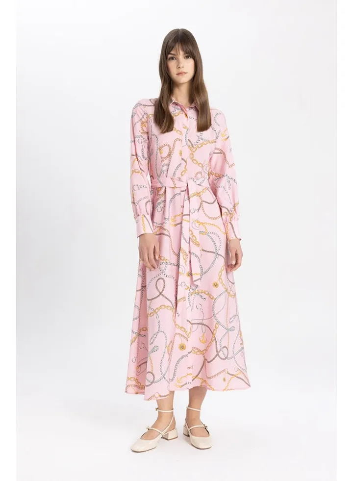 Woman Shirt Neck Long Sleeve Woven Dress