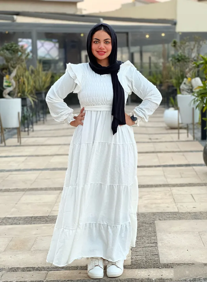 White Gathered Cuffs & Chest Long Lined Dress