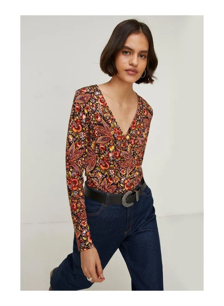 Jersey Paisley Wrap Long Sleeve Top