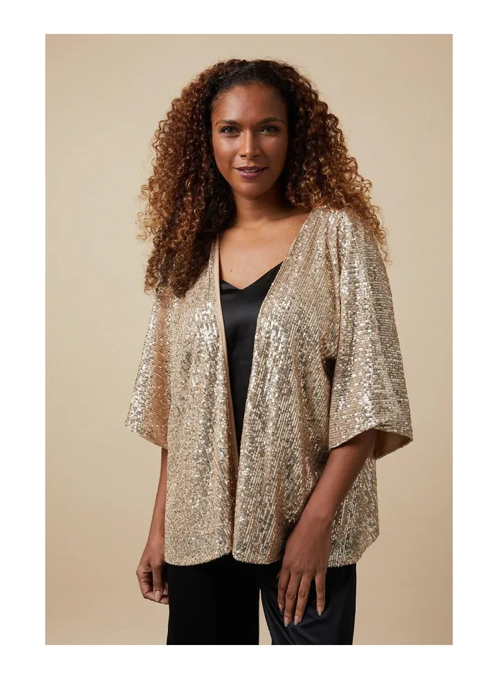 Sequin Collarless Midi Kimono
