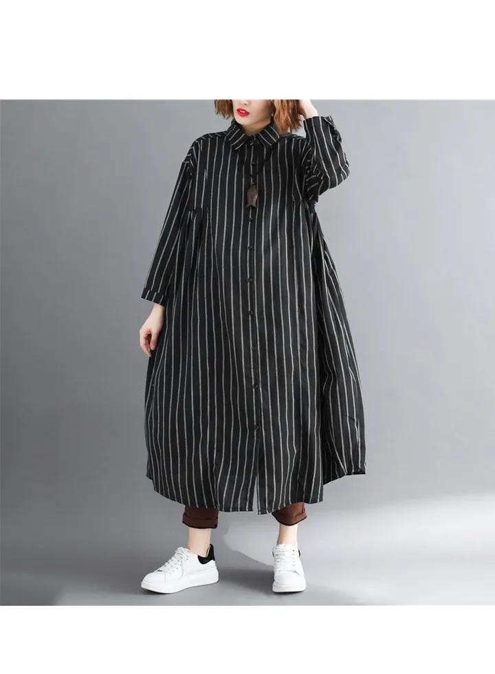 Korean style mid-length loose-fitting oversized cotton and linen striped shirt thin windbreaker for women