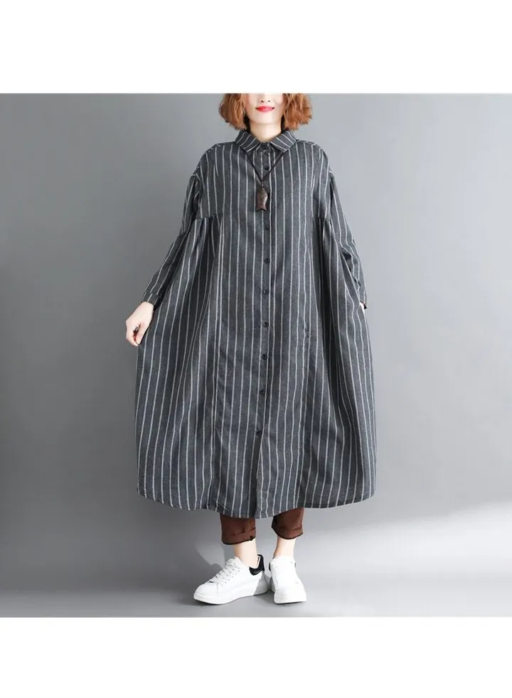 Korean style mid-length loose-fitting oversized cotton and linen striped shirt thin windbreaker for women