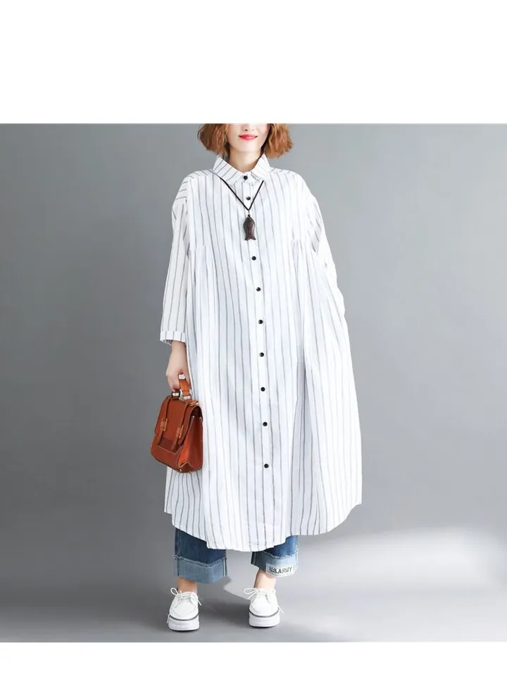 Korean style mid-length loose-fitting oversized cotton and linen striped shirt thin windbreaker for women