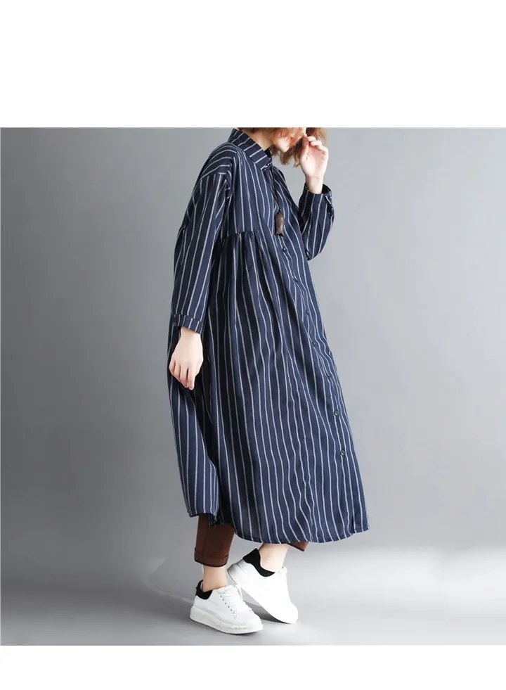 Korean style mid-length loose-fitting oversized cotton and linen striped shirt thin windbreaker for women