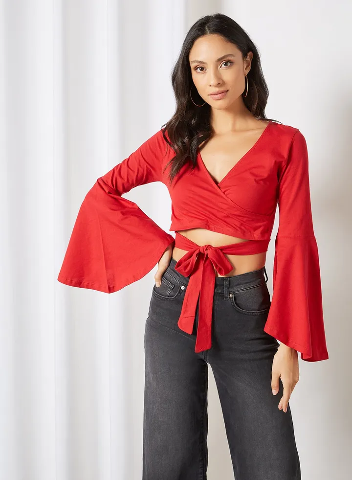 Bell Sleeve Crop Top Red