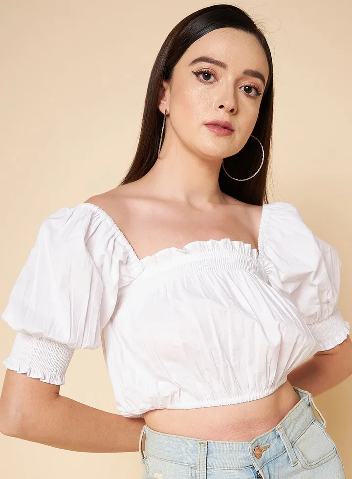 Puff Sleeve Cotton Pure Crop Fitted Top