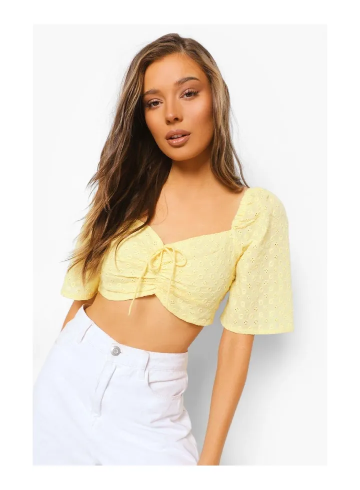 Broderie Ruched Sleeve Crop Top